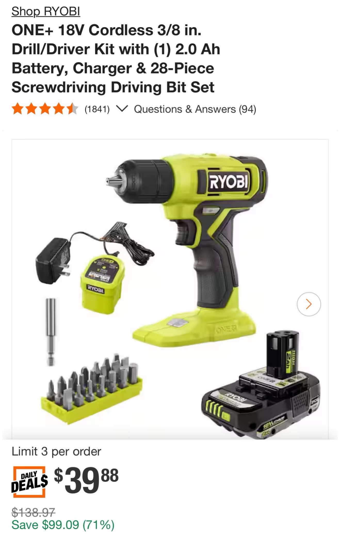 ONE+ 18V Cordless 3/8 in. Drill/Driver Kit with (1) 2.0 Ah Battery, Charger & 28-Piece Screwdriving Driving Bit Set