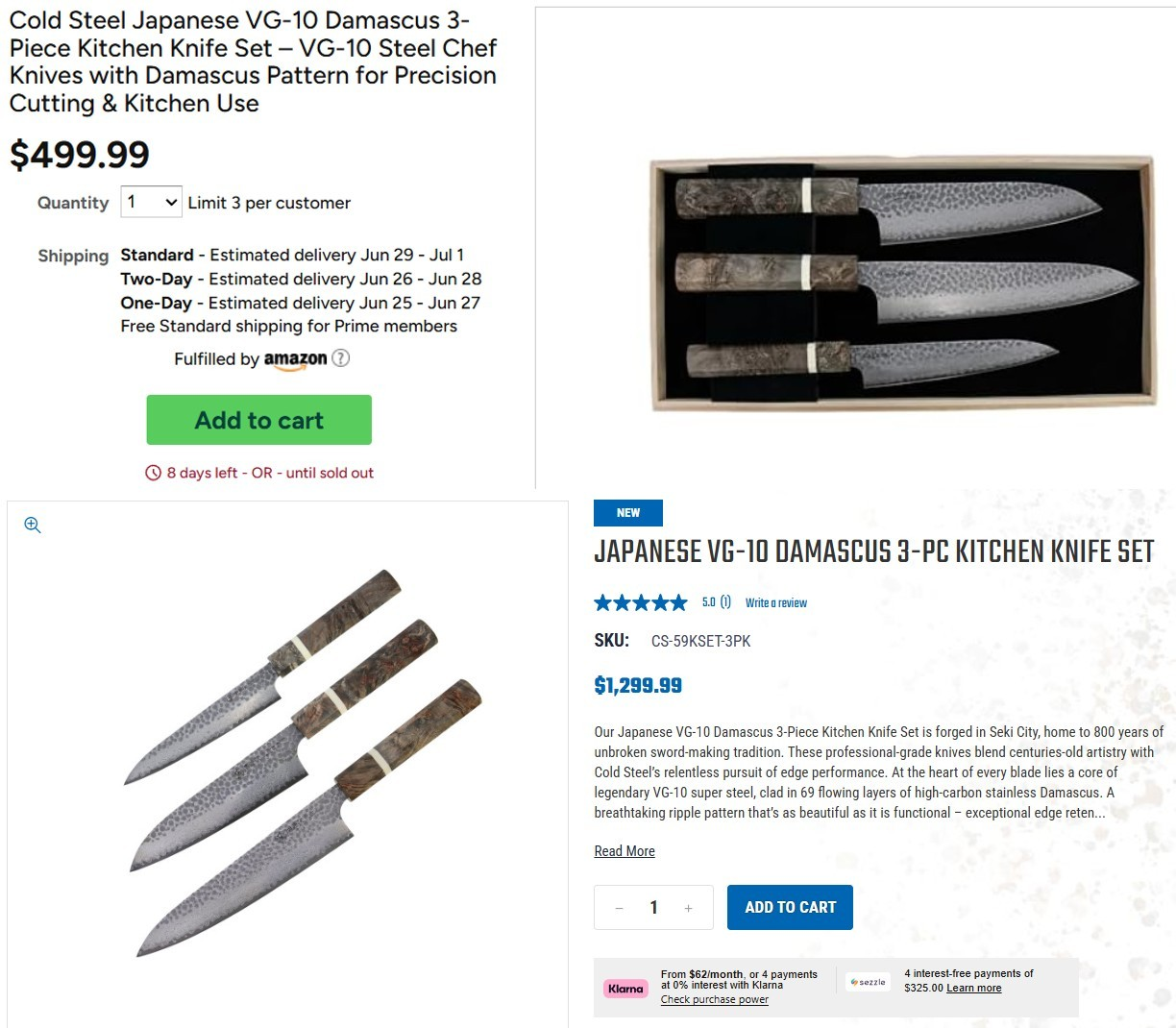 Cold Steel Japanese VG-10 Damascus 3-Piece Kitchen Knife Set
