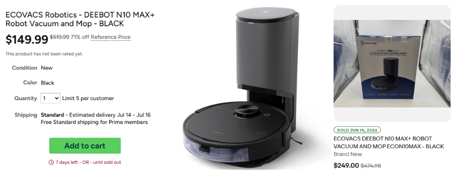 (NEW) ECOVACS DEEBOT N10 MAX+ Combo VacMop - $149.99 - Free shipping for Prime members